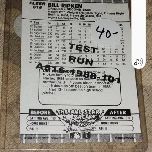 1989 fleer Billy ripken "ff" error test run card lot of 2 - Picture 2 of 2